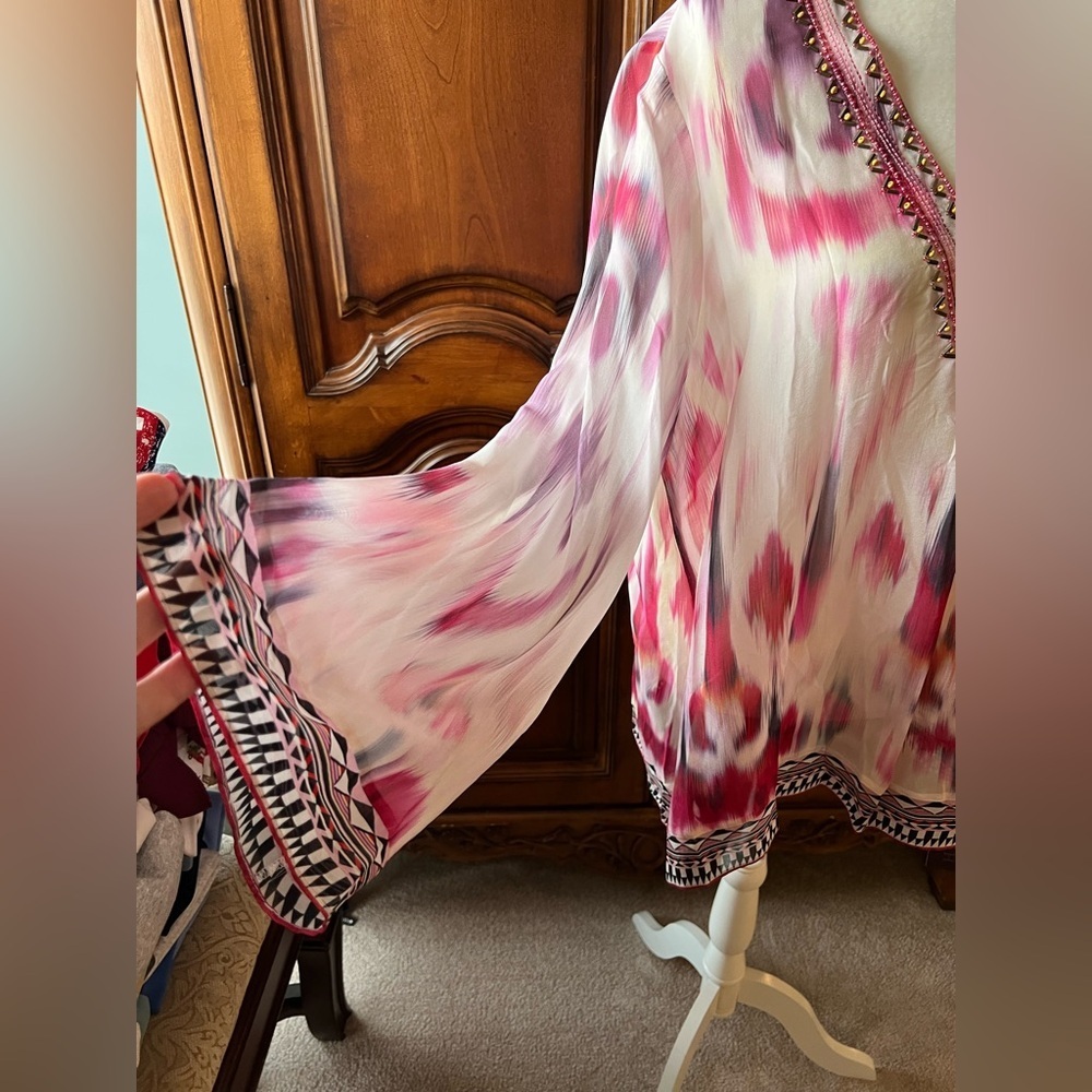 Hale Bob Pink and Purple Beaded Silk Tunic Top, NWT, L - Picture 3 of 7